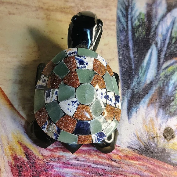 Vintage Obsidian Mosaic Multi-Stone Turtle Figure - Picture 7 of 10